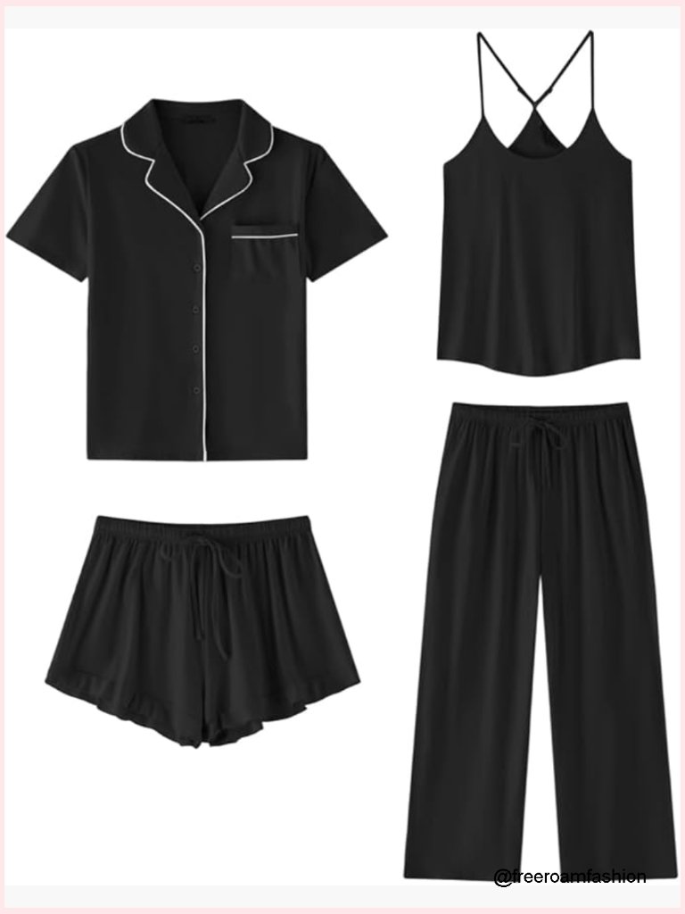 4 Piece Pajama Set With Button Down Top, Pants, Cami & Shorts Pjs Lounge Set
